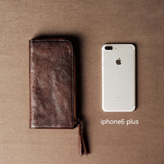 Genuine Leather Mens Cool Long Leather Wallet Cards Phone Zipper Clutch Wristlet Wallet for Men