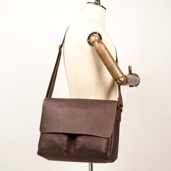 Cool Brown Leather 13 inches Mens Courier Bag Messenger Bags Postman Bag for Men - iwalletsmen