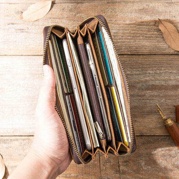 Brown Vintage Cool Mens Zipper long Wallet Leather Wallet Bifold Long Wallets Clutch for Men - iwalletsmen