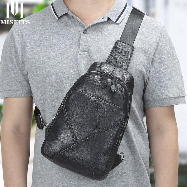 Black Leather Men's 8-inch One shoulder Backpack Sling Bag Black Chest Bag Sports Bag For Men - iwalletsmen