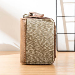 Gray Canvas Leather Mens Light Brown Small Wallets Zipper Bifold Card Wallet Coin Purse for Men - iwalletsmen