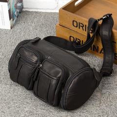 Black Leather Mens Cool Barrel Fanny Pack Hip Pack Bum Bag for men - iwalletsmen