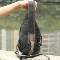 Fashion Denim Blue Mens Sling Bag Chest Bags Denim Sling Pack One Shoulder Backpacks For Men - iwalletsmen