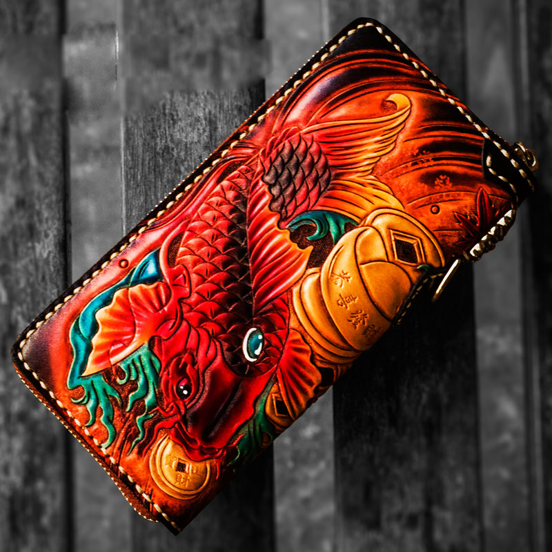 Handmade Leather Tooled Carp Mens Chain Biker Wallet Cool Leather Wallet Long Phone Wallets for Men