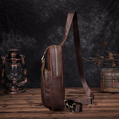 Badass Brown Leather Men's Sling Bag Chest Bag Vintage One shoulder Backpack For Men - iwalletsmen
