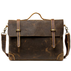 Vintage Dark Brown Leather 15 inches Briefcase Messenger Bags Work Side Bags for Men - iwalletsmen