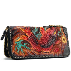 Handmade Leather Carp Mens Chain Zipper Biker Wallet Cool Leather Wallet Long Phone Wallets for Men