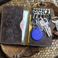 Handmade Leather Floral Mens Cool Key Wallet Wallet Card Holder Small Card Keychain Wallets for Men