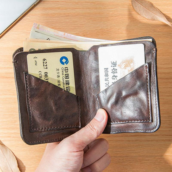 Dark Brown Wrinkled Leather Mens Front Pocket Card Wallets Bifold Vintage billfold Wallet Small Wallet for Men - iwalletsmen