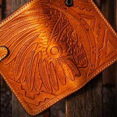 Handmade Leather Skull Indian Chief Tooled Mens billfold Wallet Cool Chain Wallet Biker Wallet for Men