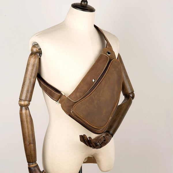 Cool Brown Leather Mens Sling Pack Sling Bags Crossbody Pack Chest Bag for men - iwalletsmen