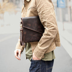 Vintage Business Leather Mens Black Envelope Bag Document Purse Dark Brown Clutch For Men - iwalletsmen
