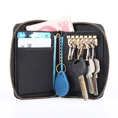Cool Black Leather Men's Zipper Card Holder Card Bifold Small Wallet Key Holder For Men - iwalletsmen