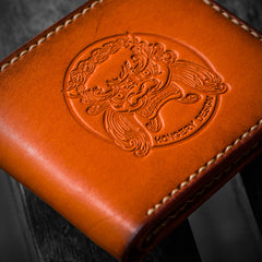 Handmade Leather Chinese Lion Tooled Mens billfold Wallet Cool Leather Wallet Slim Wallet for Men