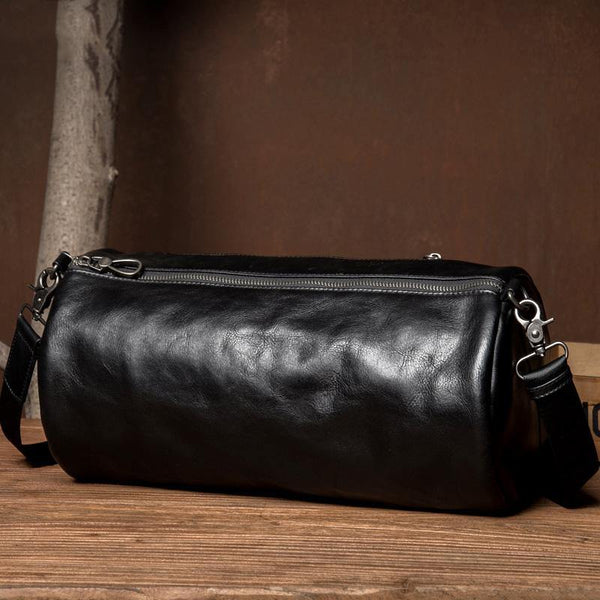 Fashion Black Leather Mens Barrel Messenger Bag Bucket Courier Bag Postman Bags for Men - iwalletsmen