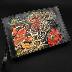 Black Handmade Tooled Leather Wolf Clutch Wallet Wristlet Bag Clutch Purse For Men - iwalletsmen