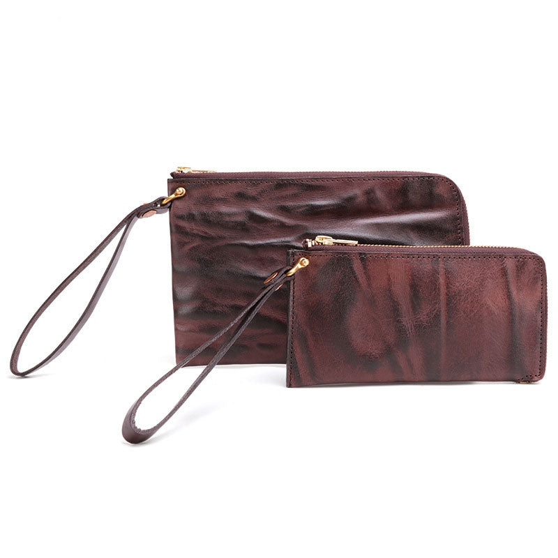 COFFEE Small MENS LEATHER SLIM ZIPPER CLUTCH WRISTLET PURSE BAG CLUTCH BAG FOR MEN - iwalletsmen