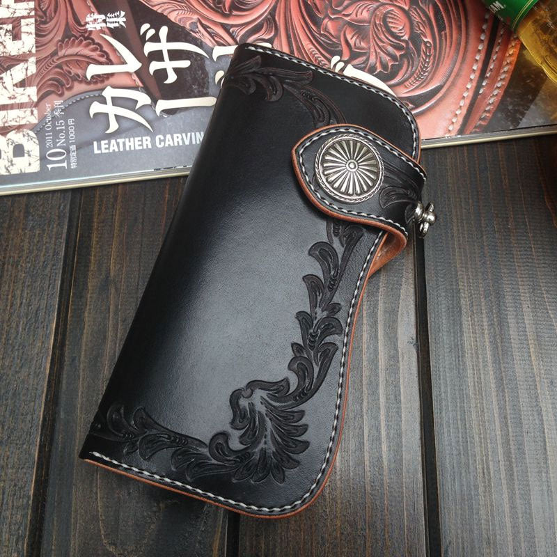 Handmade Leather Biker Wallet Tooled Floral Mens Cool Chain Wallet Trucker Wallet with Chain