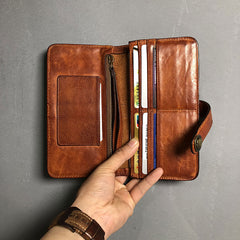 Handmade Genuine Leather Mens Cool Long Leather Wallet Biker Wallet Zipper Clutch Wristlet Wallet for Men
