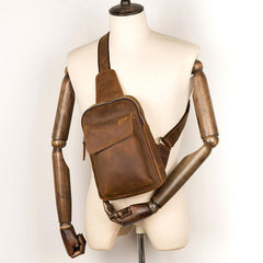Cool Dark Brown Leather Mens Sling Bag Crossbody Pack One Shoulder Pack Brown Chest Bag for men - iwalletsmen