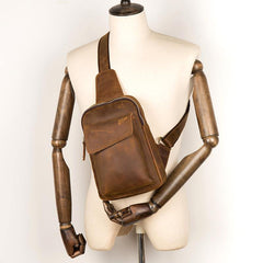 Cool Dark Brown Leather Mens Sling Bag Crossbody Pack One Shoulder Pack Brown Chest Bag for men - iwalletsmen