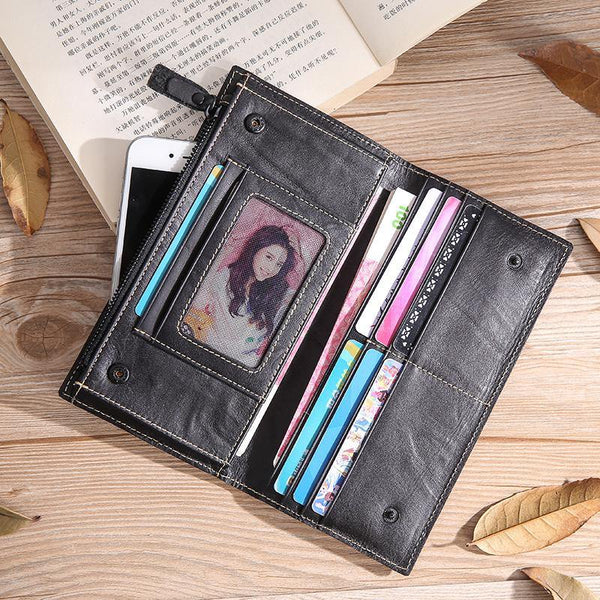 Casual Black Leather Men's Long Wallet Bifold Long Checkbook Wallet Clutch For Men - iwalletsmen