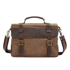 Canvas Leather Mens Vintage Khaki 14'' Briefcase Side Bag Lake Green Messenger Bag Brown Courier Bag for Men - iwalletsmen