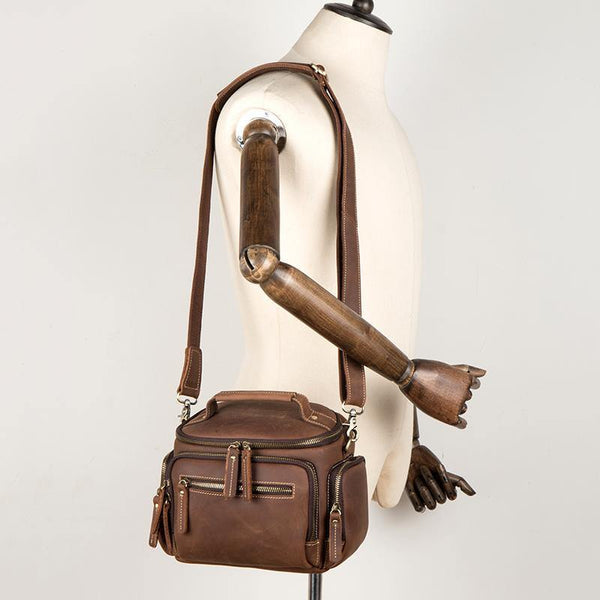 Vintage Dark Brown Leather Mens Camera Shoulder Bag Small Messenger Bag Courier Bag for Men - iwalletsmen