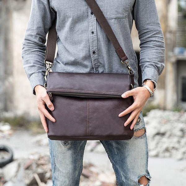 Brown Cool Leather Mens 11 inches Side Bags Messenger Bags Khaki Leather Courier Bag for Men - iwalletsmen