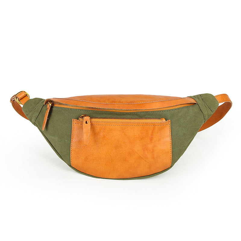 Canvas Leather Mens Caramel Waist Bag Army Green Fanny Pack Hip pack Chest Bag For Men - iwalletsmen