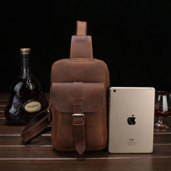 Brown Cool LEATHER MENS Sling Bags One Shoulder Backpack Dark Coffee Chest Bag For Men - iwalletsmen