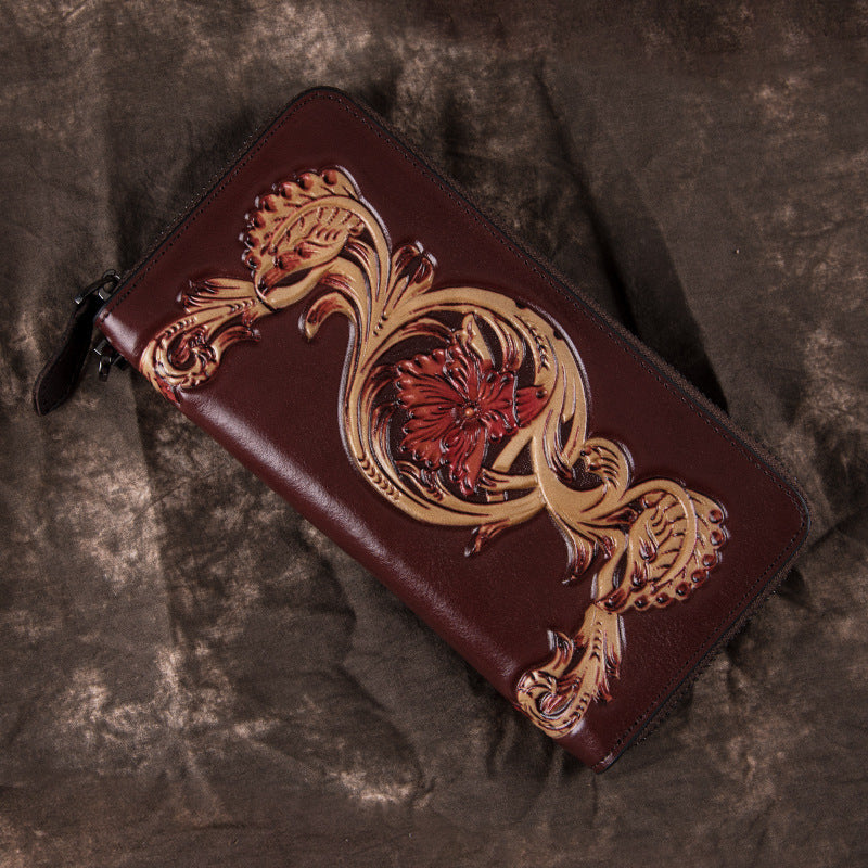 Black Tooled Leather Men's Bifold Long Zipper Wallet Clutch Bag Red For Women - iwalletsmen