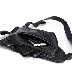 Black Leather Mens Waist Bag Fanny Pack Sling Bag Chest Bag Black One Shoulder Backpack for Men - iwalletsmen