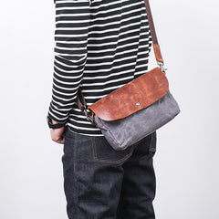 Leather Canvas Mens Small Side Bag Gray Courier Bag Postman Bag Messenger Bag for Men - iwalletsmen