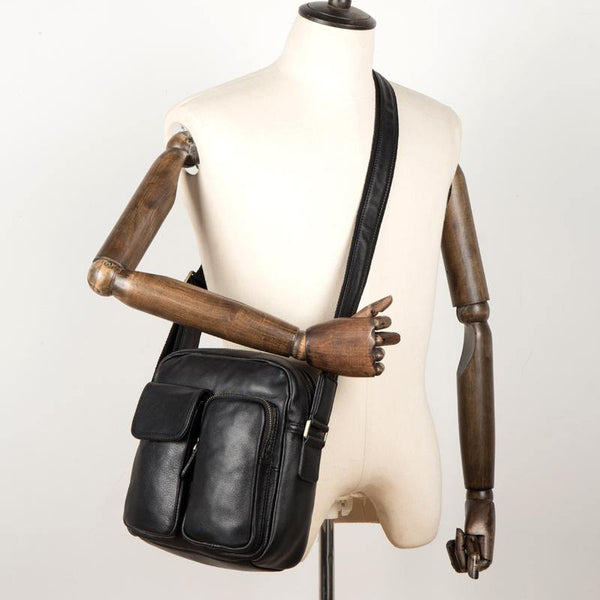 Cool Black Leather Small Courier Bags Brown Vertical Messenger Bag Postman Bag for Men - iwalletsmen