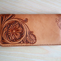 Handmade Leather Vintage Tooled Floral Mens Long Wallets Cool Long Wallet for Men - iwalletsmen