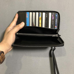CASUAL BLACK LEATHER MEN'S Bifold Long Wallet Clutch Wallet BLACK Wristlet Wallets FOR MEN - iwalletsmen