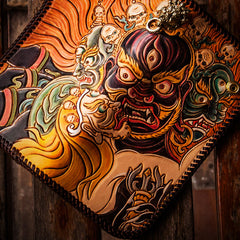 Handmade Leather Tooled Mahākāla Mens Chain Biker Wallet Cool Leather Wallet Long Clutch Wallets for Men