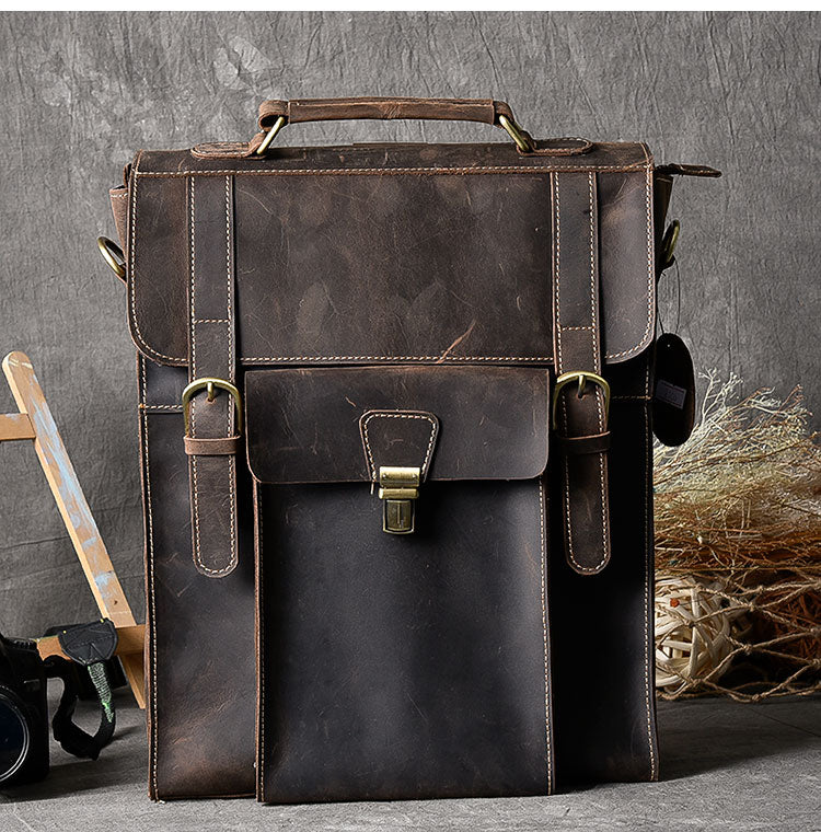 Leather Mens 14" Brown Laptop Backpack Side Bag Backpack College Backpack Handbag for Men - iwalletsmen