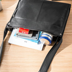 Fashion Black Leather Mens 12 inches Side Bag Messenger Bags Black Postman Bag Courier Bag for Men - iwalletsmen