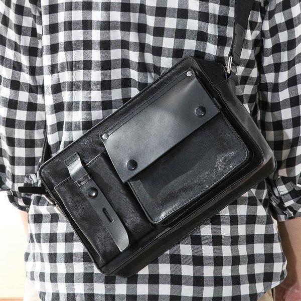 Black Cool Leather Mens 10inches Courier Bag Postman Bag Black Messenger Bags Side Bag for Men - iwalletsmen