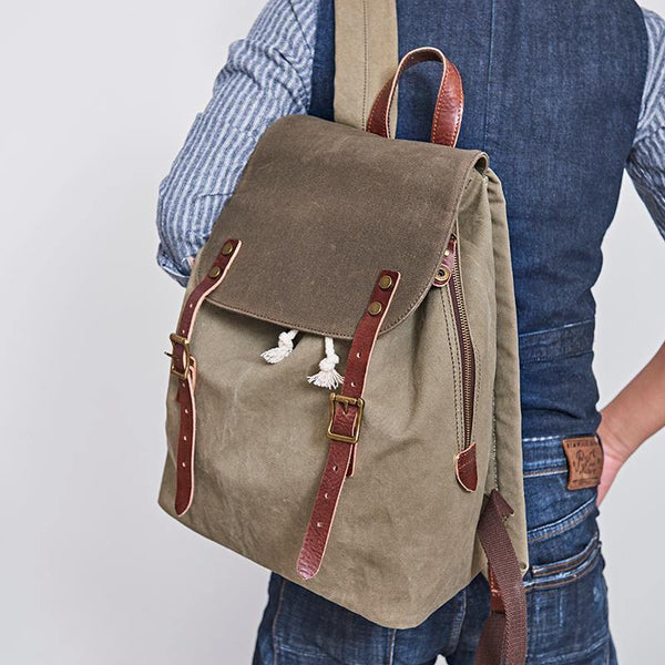 Canvas Mens Womens Backpack Green Travel Rucksack Satchel Backpack Canvas School Backpack for Men - iwalletsmen
