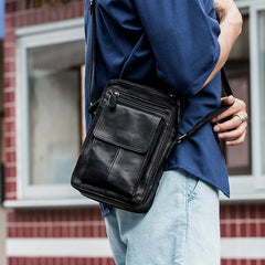 Black Casual Leather Mens Vertical Side Bag Black Messenger Bags Postman Bag Courier Bag for Men - iwalletsmen
