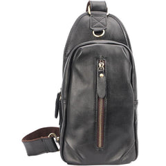 Black Cool Leather Mens Sling Bag Chest Bag Black One Shoulder Backpack For Men - iwalletsmen