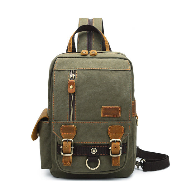 Canvas Leather Mens Mini Sling Bag Khaki Backpack One Shoulder Bag Green Chest Bag for Men - iwalletsmen
