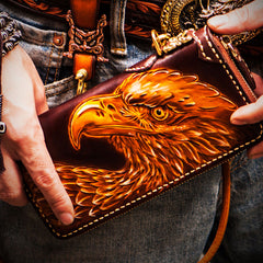 Handmade Leather Mens Tooled Eagle Chain Biker Wallet Cool Leather Wallet Long Clutch Wallets for Men