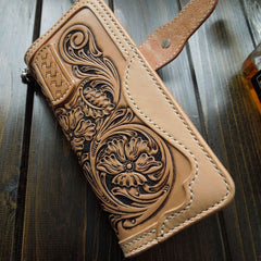 Handmade Leather Biker Wallet Tooled Floral Mens Cool Chain Wallet Trucker Wallet with Chain