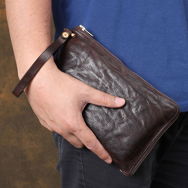 Cool Wrinkled Leather Mens Brown Long Wallet Wristlet Wallet Black Zipper Clutch Wallet for Men - iwalletsmen