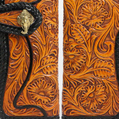 Handmade Mens Cool Tooled Floral Leather Chain Wallet Biker Trucker Wallet with Chain