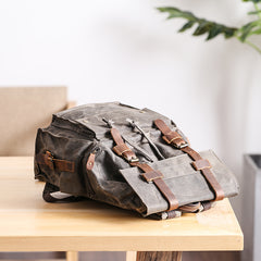 Waxed Canvas Leather Mens Gray Waterproof 15‘’ Large Backpack Travel Backpack College Backpack for Men - iwalletsmen